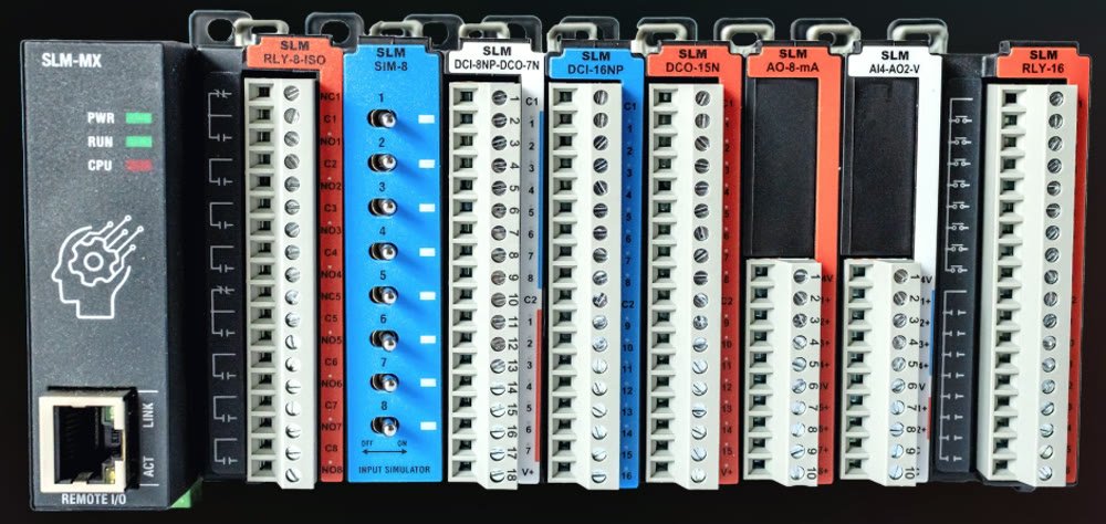 Row of SLM industrial automation modules including SLM-MX, RLY-8-ISO, SIM-8 and DCI-16NP